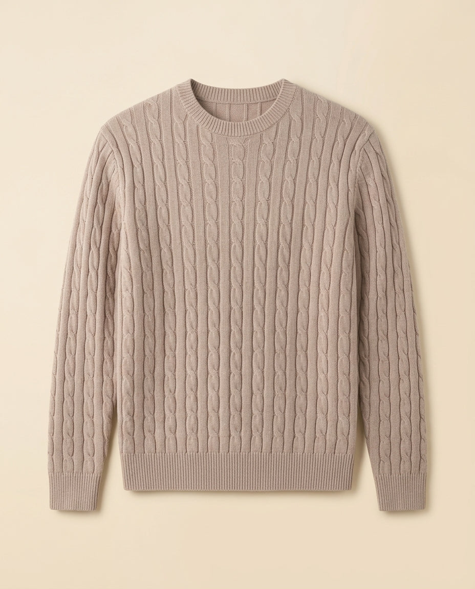 Suéter de Cuello Redondo de Punto Trenzado Taupe