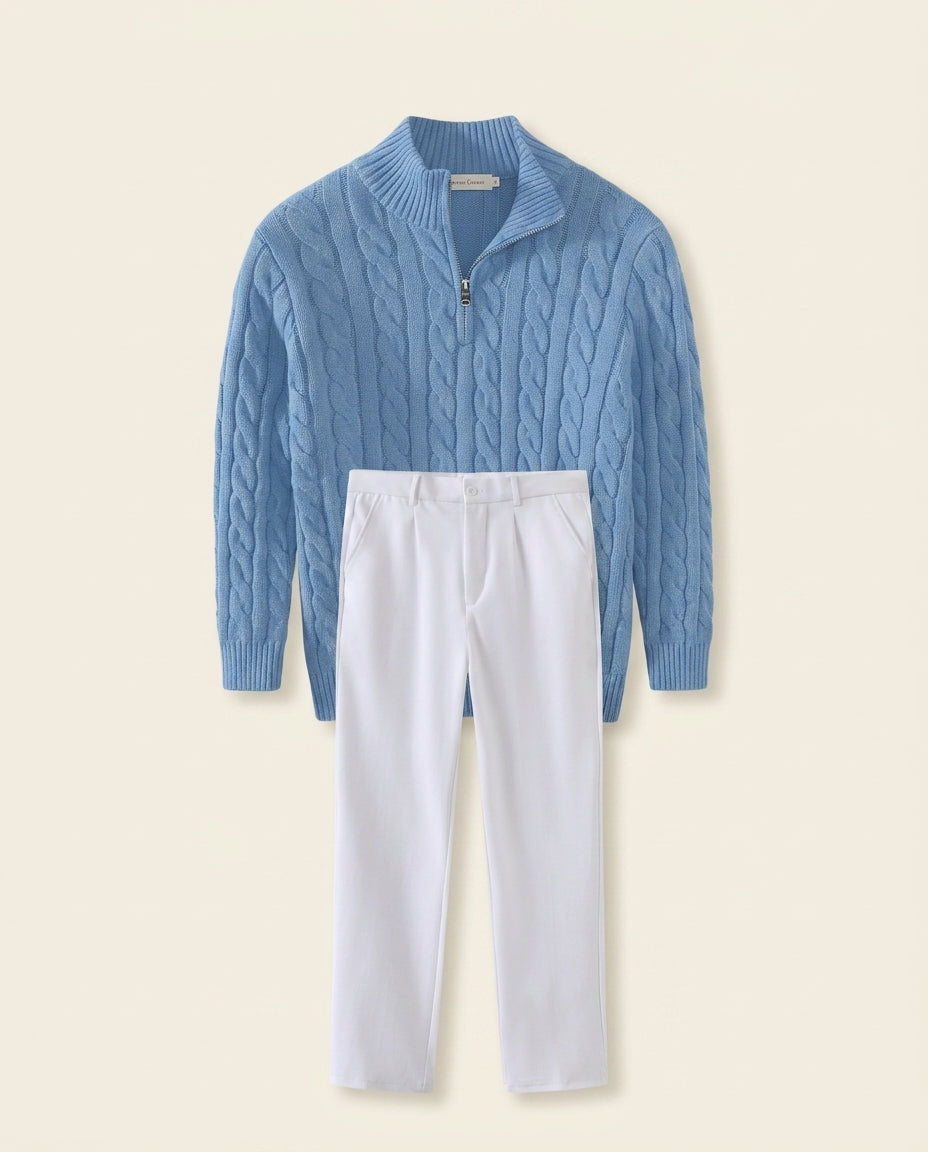 Conjunto de Suéter de Punto Cableado y Chinos Blancos Azul