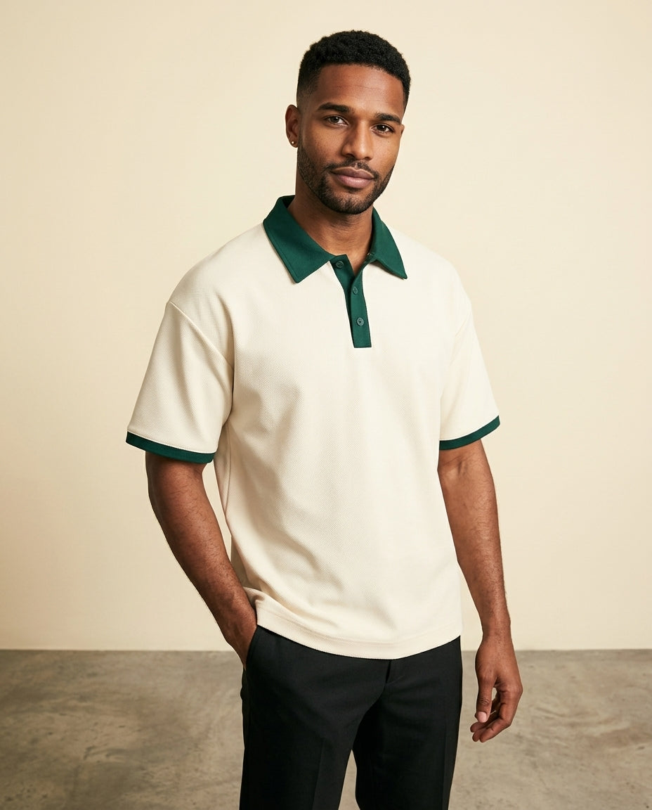 Polo de Punto con Cuello en Contraste Crema Verde