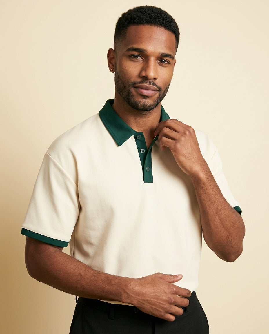 Polo de Punto con Cuello en Contraste Crema Verde