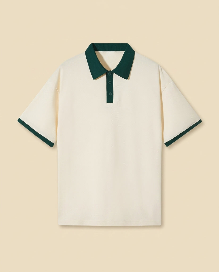 Polo de Punto con Cuello en Contraste Crema Verde