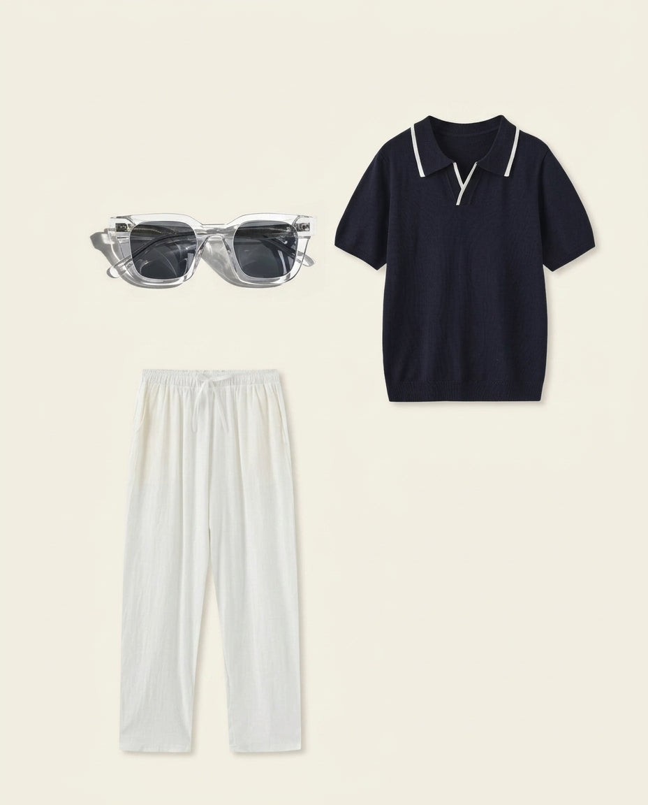 Conjunto de Polo de Punto Marino y Pantalones de Lino Blancos
