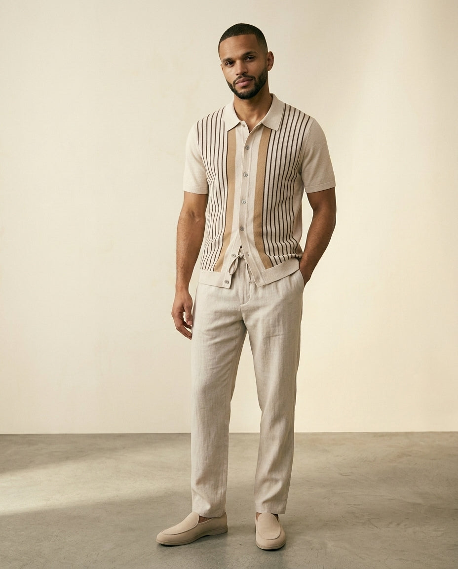 Conjunto de Camisa de Punto a Rayas y Pantalones de Lino