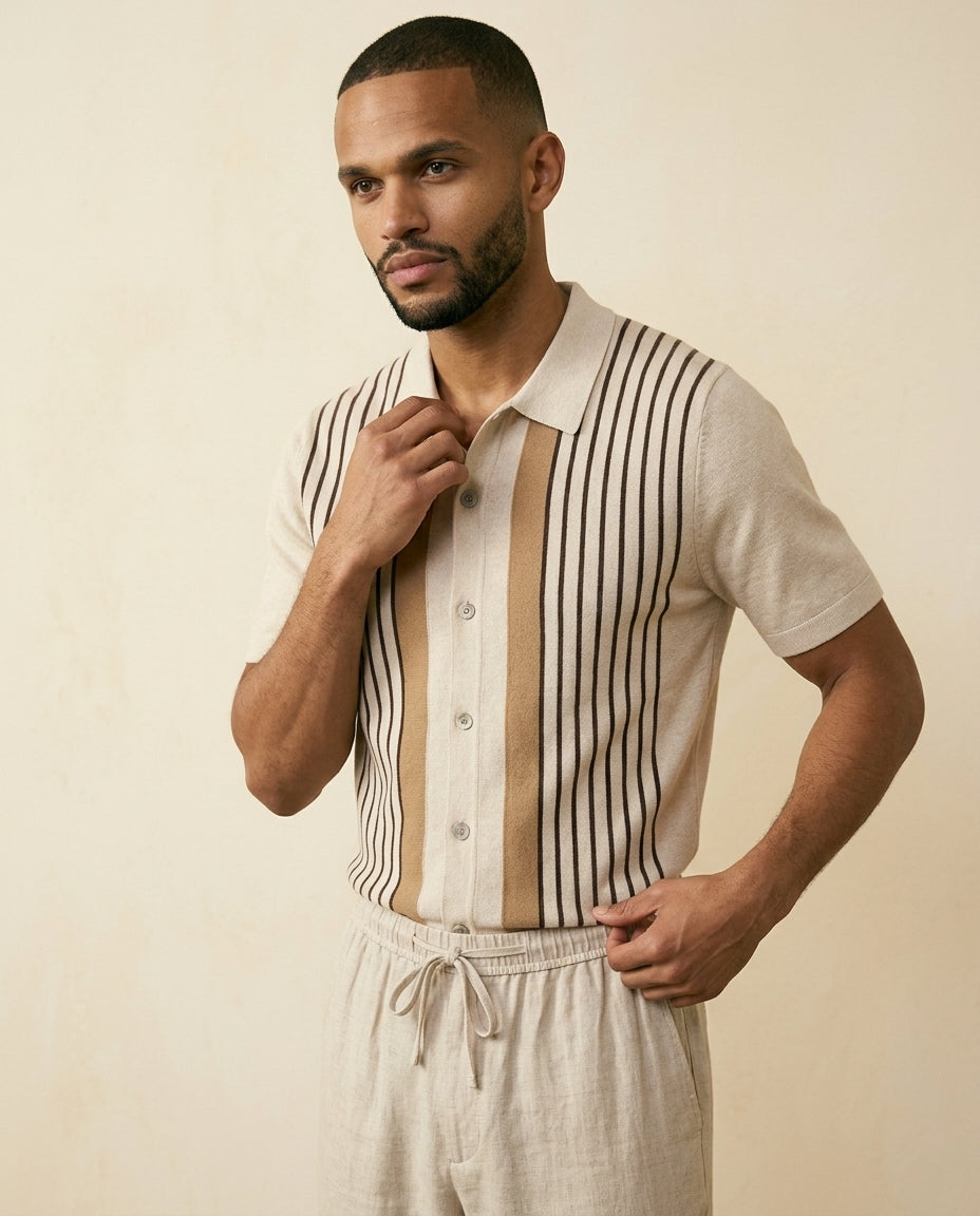 Conjunto de Camisa de Punto a Rayas y Pantalones de Lino