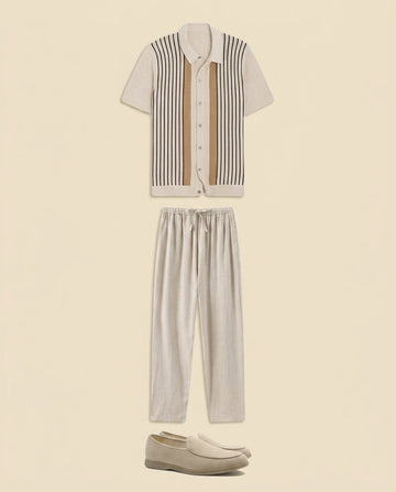 Conjunto de Camisa de Punto a Rayas y Pantalones de Lino