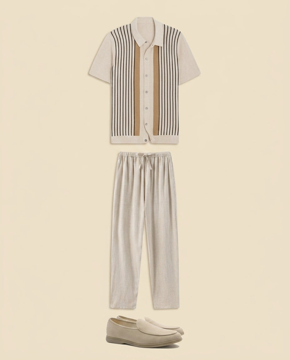 Conjunto de Camisa de Punto a Rayas y Pantalones de Lino