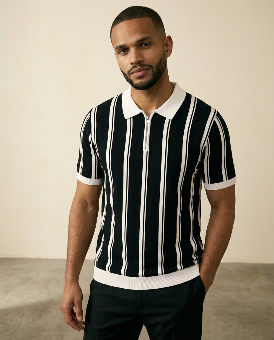 Camisa Polo de Rayas con Cierre Negra Blanca