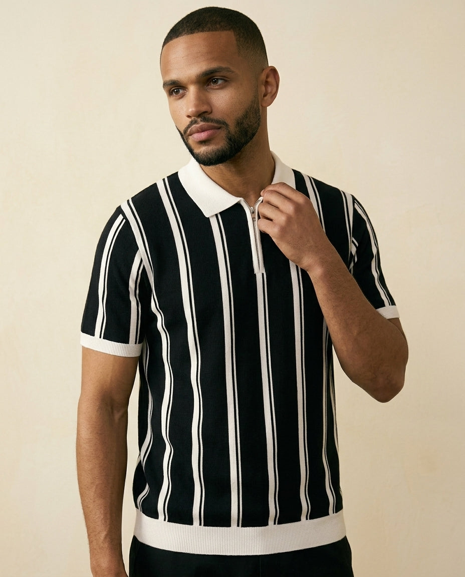 Camisa Polo de Rayas con Cierre Negra Blanca