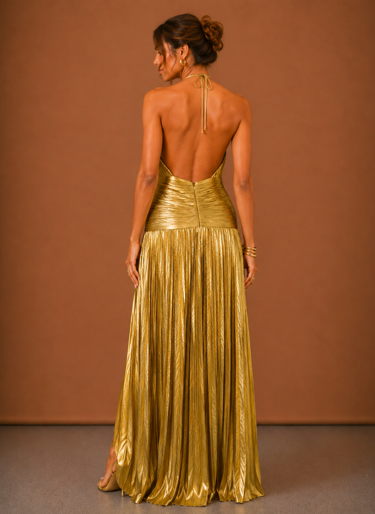Vestido Maxi Halter Metálico para Mujeres – Ocasiones Elegantes | Areleon