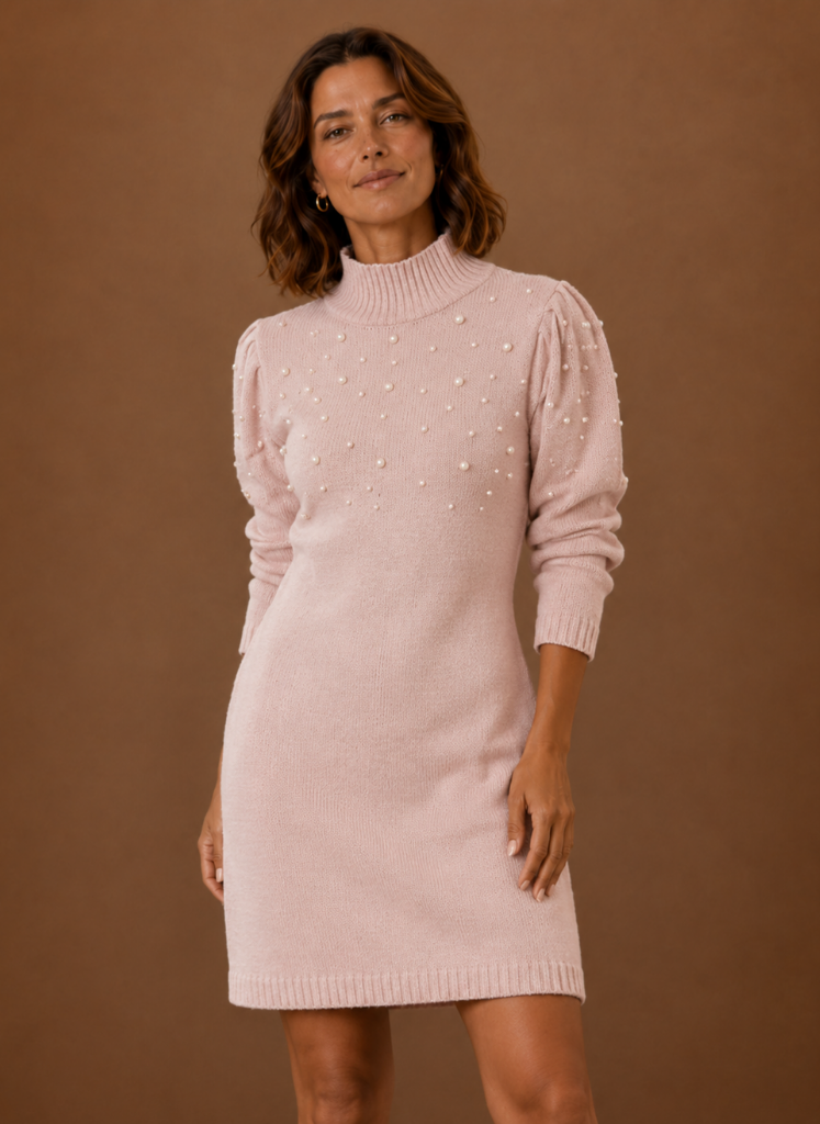 Vestido de Suéter de Punto con Perlas para Mujeres con Cuello Alto | Areleon