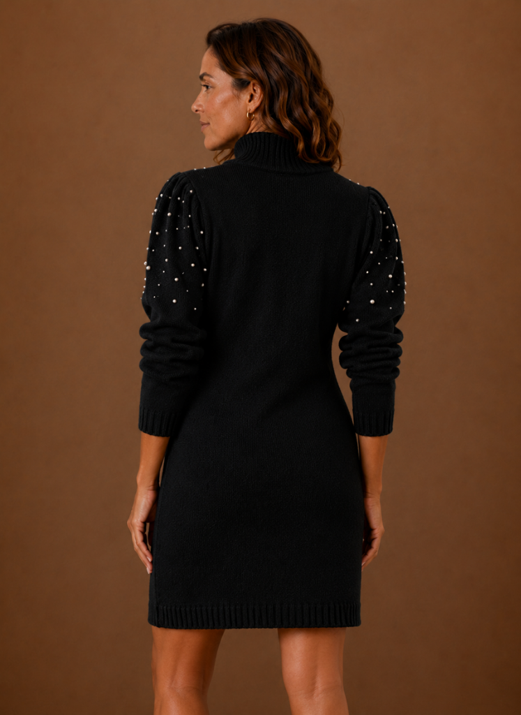 Vestido de Suéter de Punto con Perlas para Mujeres con Cuello Alto | Areleon