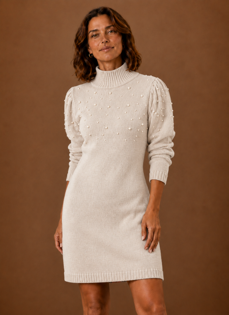 Vestido de Suéter de Punto con Perlas para Mujeres con Cuello Alto | Areleon