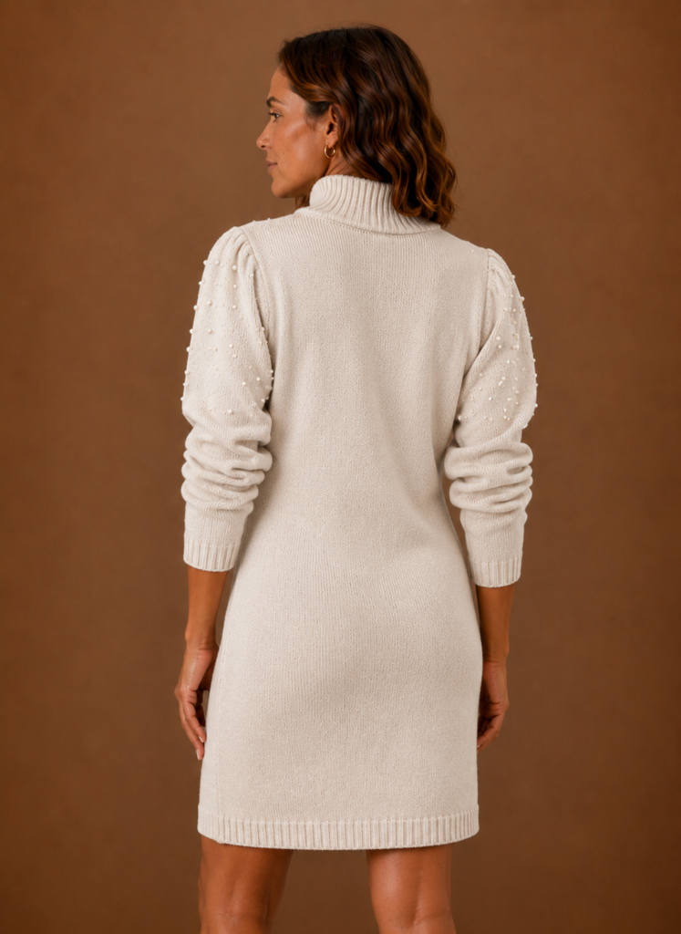 Vestido de Suéter de Punto con Perlas para Mujeres con Cuello Alto | Areleon