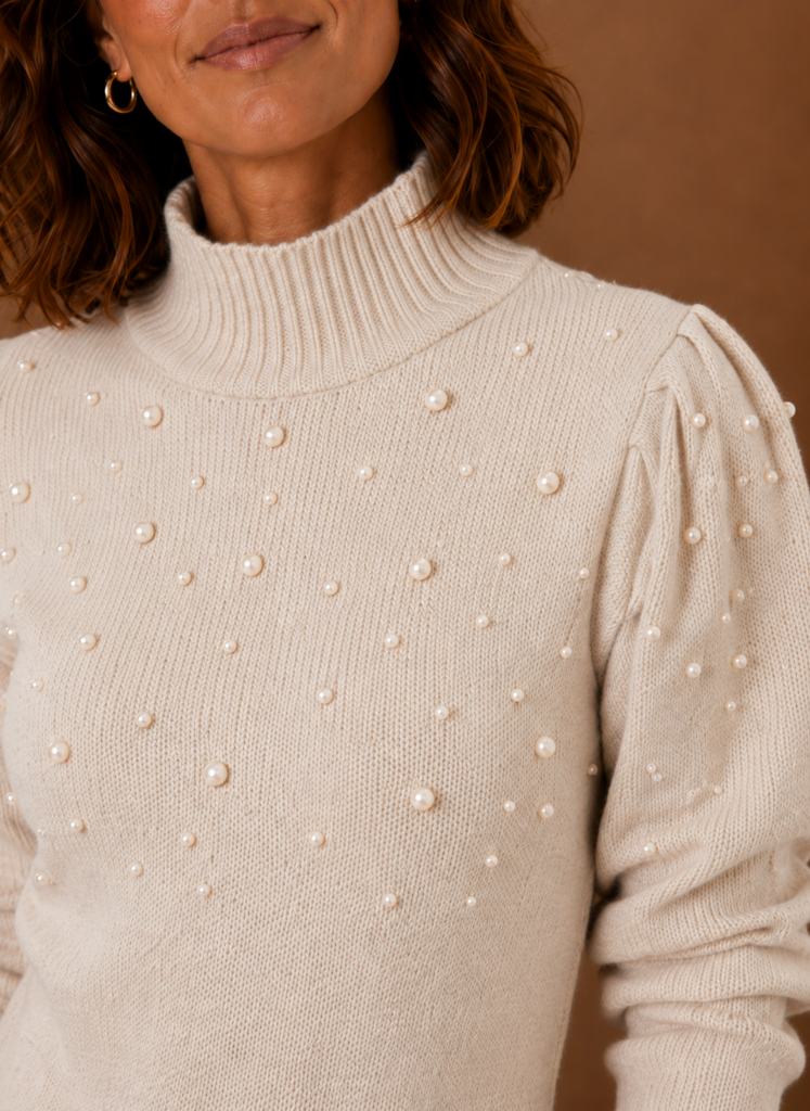 Vestido de Suéter de Punto con Perlas para Mujeres con Cuello Alto | Areleon