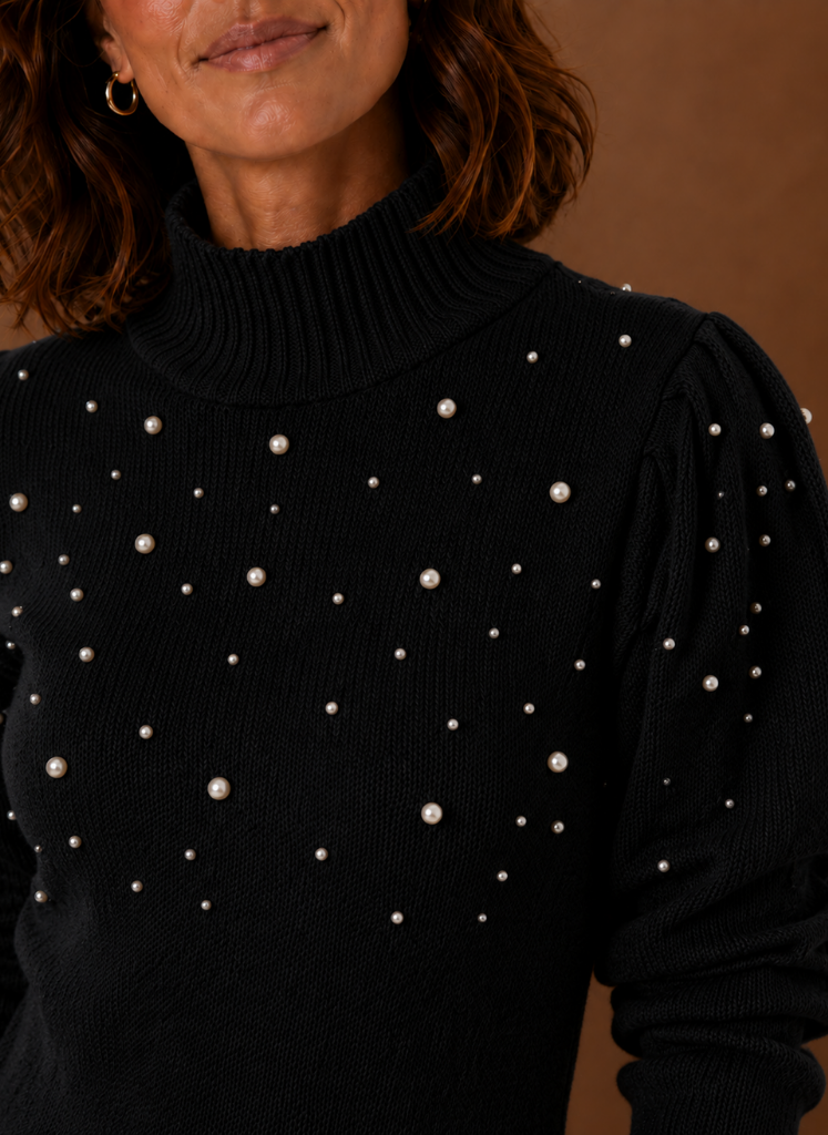Vestido de Suéter de Punto con Perlas para Mujeres con Cuello Alto | Areleon