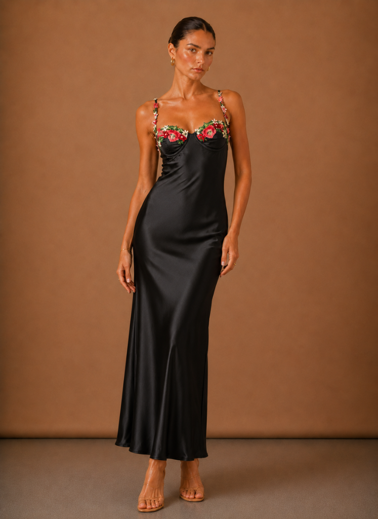 Vestido Maxi de Satén con Detalles Florales para Mujer – Ocasión Elegante por Areleon