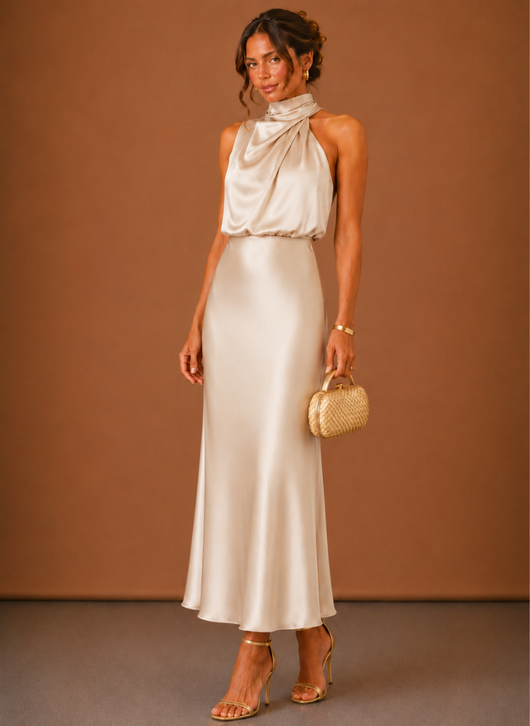 Vestido Maxi Halter de Satén para Mujer – Invitada Elegante a Bodas | Areleon