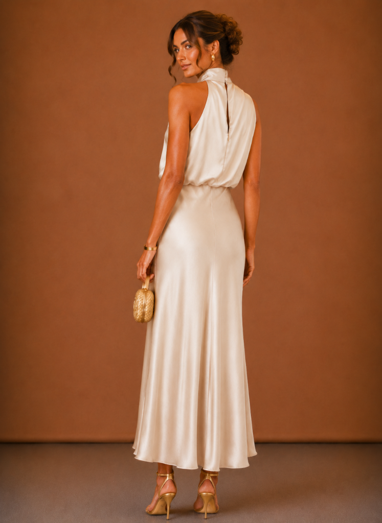 Vestido Maxi Halter de Satén para Mujer – Invitada Elegante a Bodas | Areleon