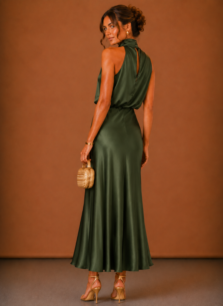 Vestido Maxi Halter de Satén para Mujer – Invitada Elegante a Bodas | Areleon