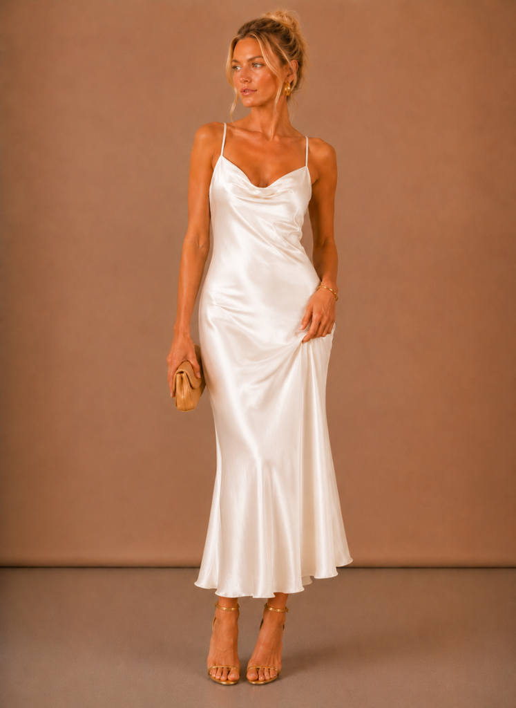 Vestido Midi de Satén con Cuello Caído para Mujeres – Ocasión Elegante de Noche | Areleon