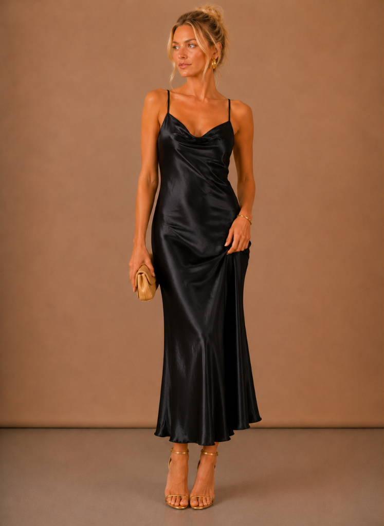 Vestido Midi de Satén con Cuello Caído para Mujeres – Ocasión Elegante de Noche | Areleon