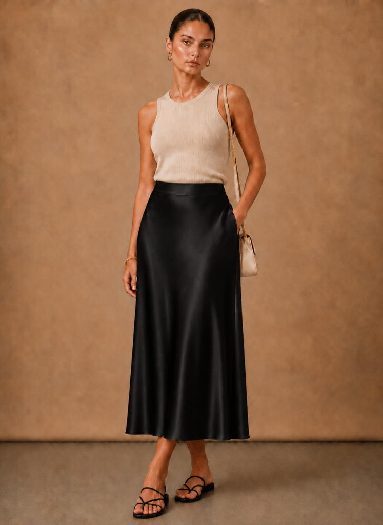 Falda Midi de Satén para Mujer – Elegante Corte A Fluido | Areleon