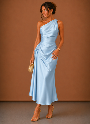 Vestido Midi de Satén con Un Hombro para Mujeres – Invitada Elegante a Bodas | Areleon