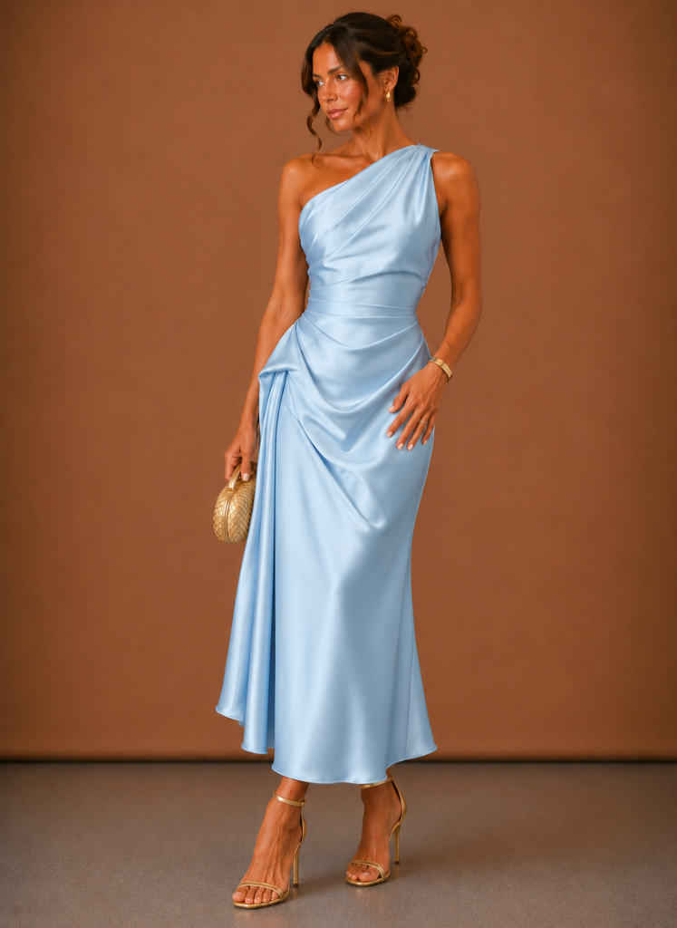 Vestido Midi de Satén con Un Hombro para Mujeres – Invitada Elegante a Bodas | Areleon