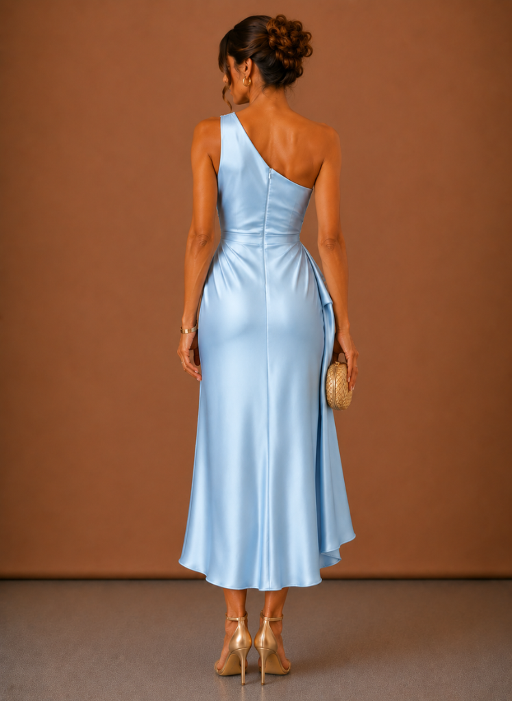 Vestido Midi de Satén con Un Hombro para Mujeres – Invitada Elegante a Bodas | Areleon