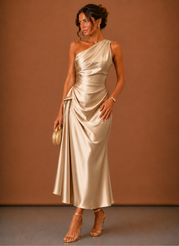 Vestido Midi de Satén con Un Hombro para Mujeres – Invitada Elegante a Bodas | Areleon