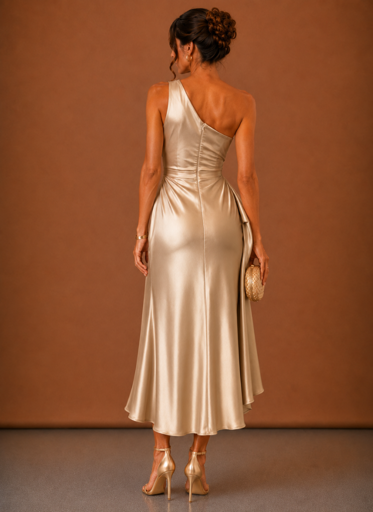 Vestido Midi de Satén con Un Hombro para Mujeres – Invitada Elegante a Bodas | Areleon