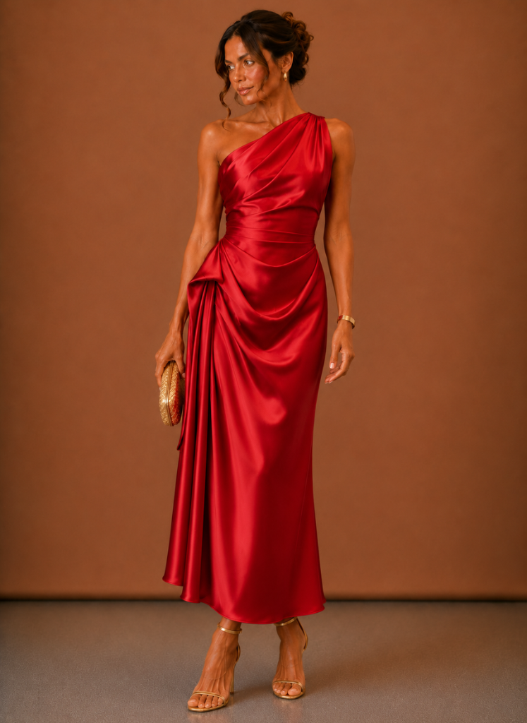 Vestido Midi de Satén con Un Hombro para Mujeres – Invitada Elegante a Bodas | Areleon
