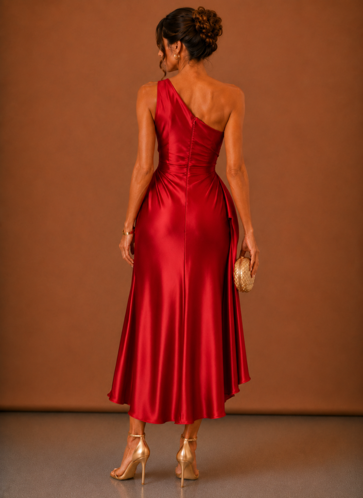 Vestido Midi de Satén con Un Hombro para Mujeres – Invitada Elegante a Bodas | Areleon