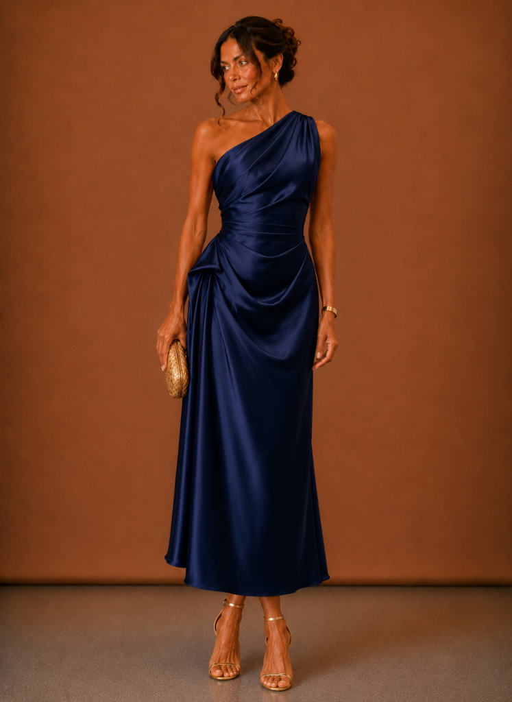 Vestido Midi de Satén con Un Hombro para Mujeres – Invitada Elegante a Bodas | Areleon