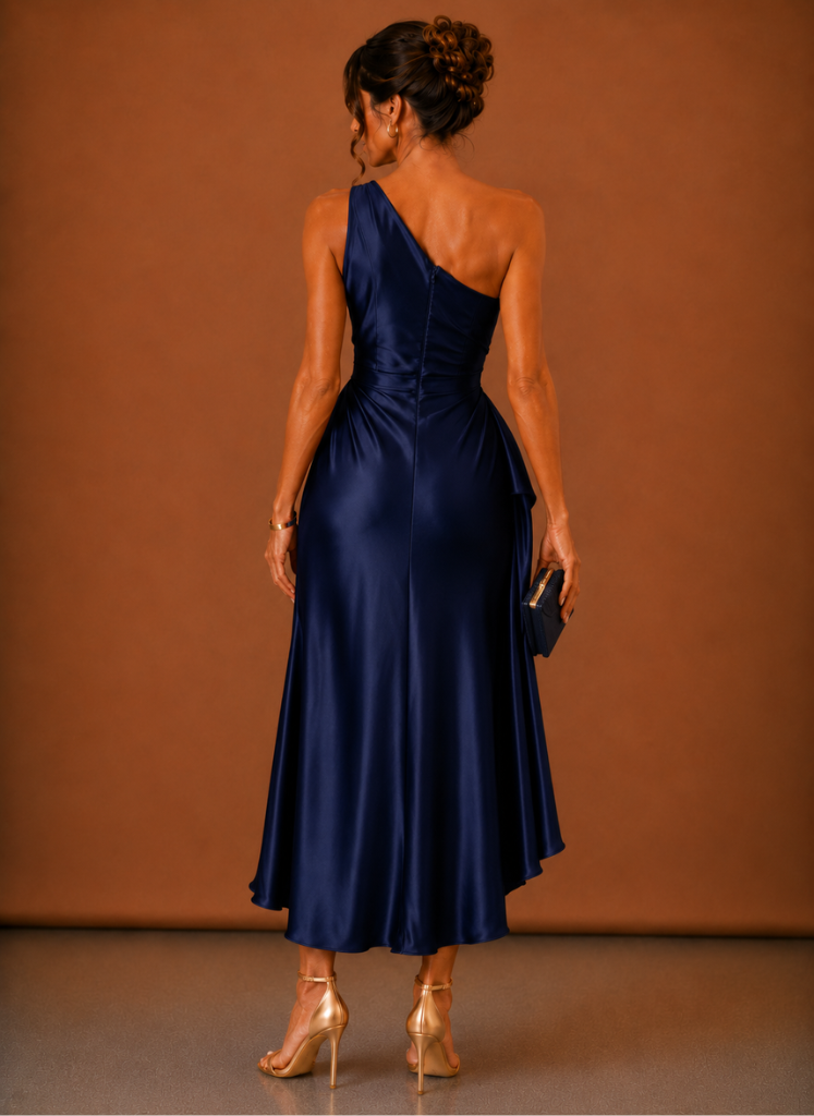 Vestido Midi de Satén con Un Hombro para Mujeres – Invitada Elegante a Bodas | Areleon