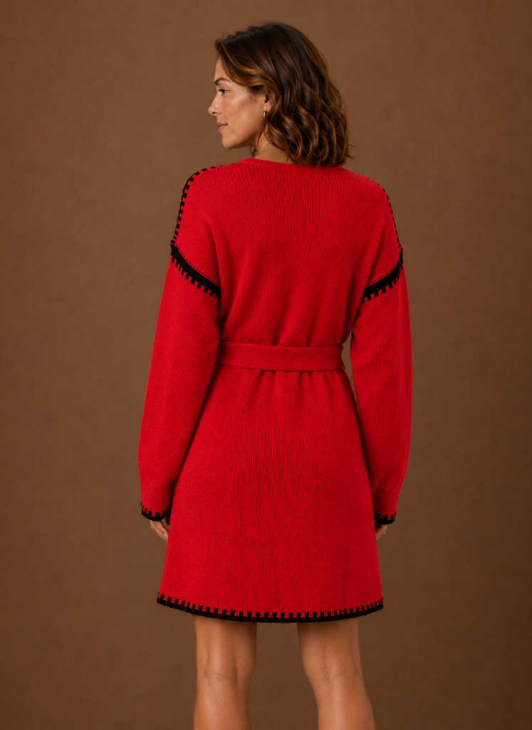 Vestido de Suéter de Punto con Cuello en V para Mujeres con Cinturón | Areleon