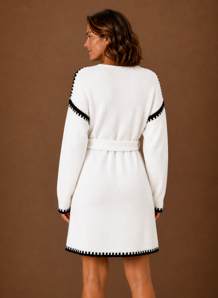 Vestido de Suéter de Punto con Cuello en V para Mujeres con Cinturón | Areleon