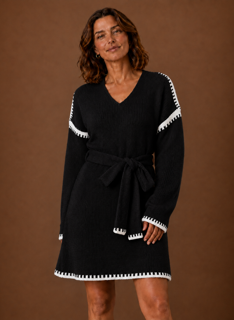 Vestido de Suéter de Punto con Cuello en V para Mujeres con Cinturón | Areleon