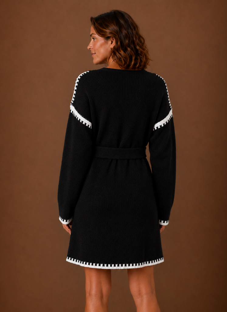 Vestido de Suéter de Punto con Cuello en V para Mujeres con Cinturón | Areleon
