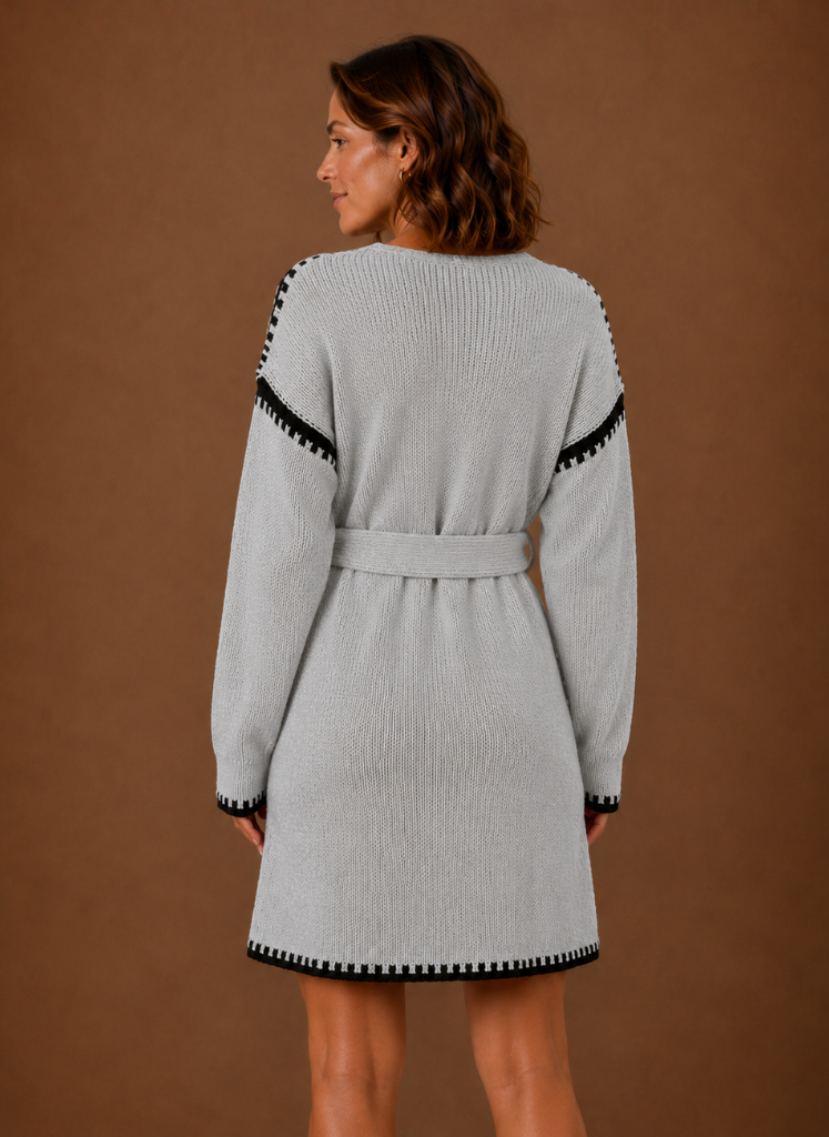 Vestido de Suéter de Punto con Cuello en V para Mujeres con Cinturón | Areleon