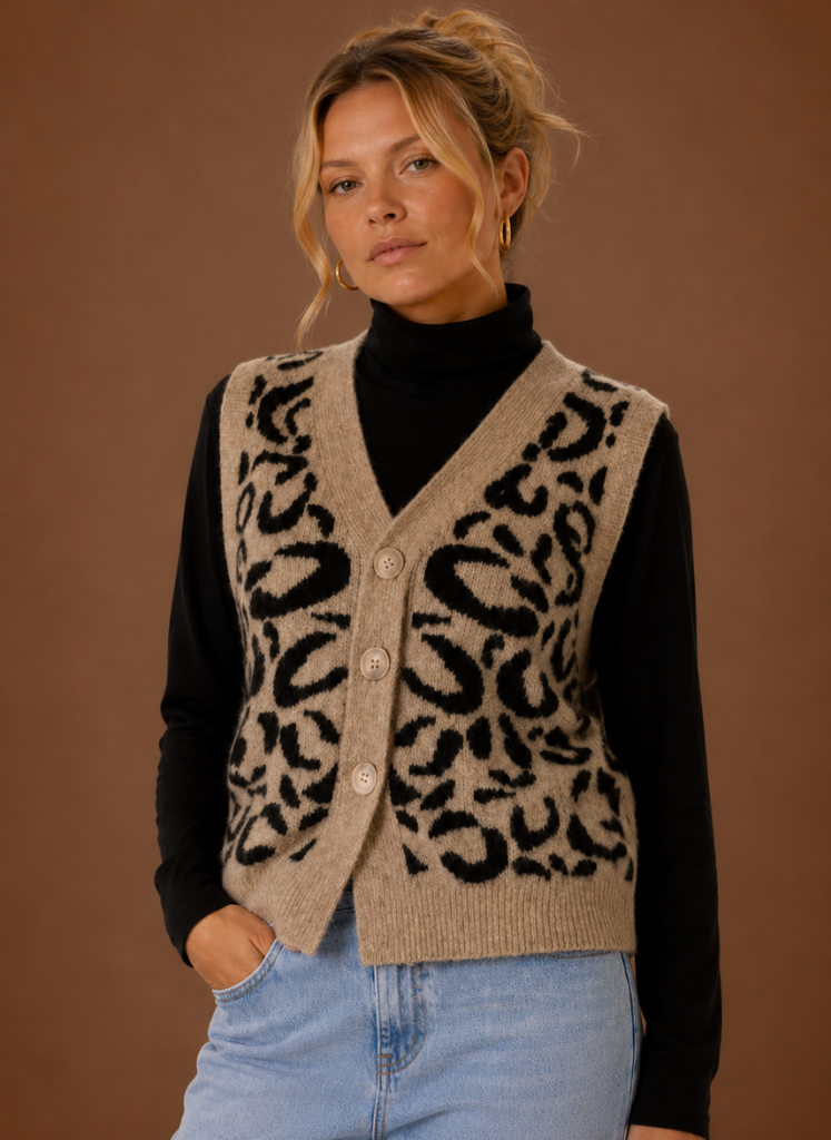 Chaleco de Punto con Estampado de Leopardo para Mujeres - Con Botones en la Parte Frontal | Areleon