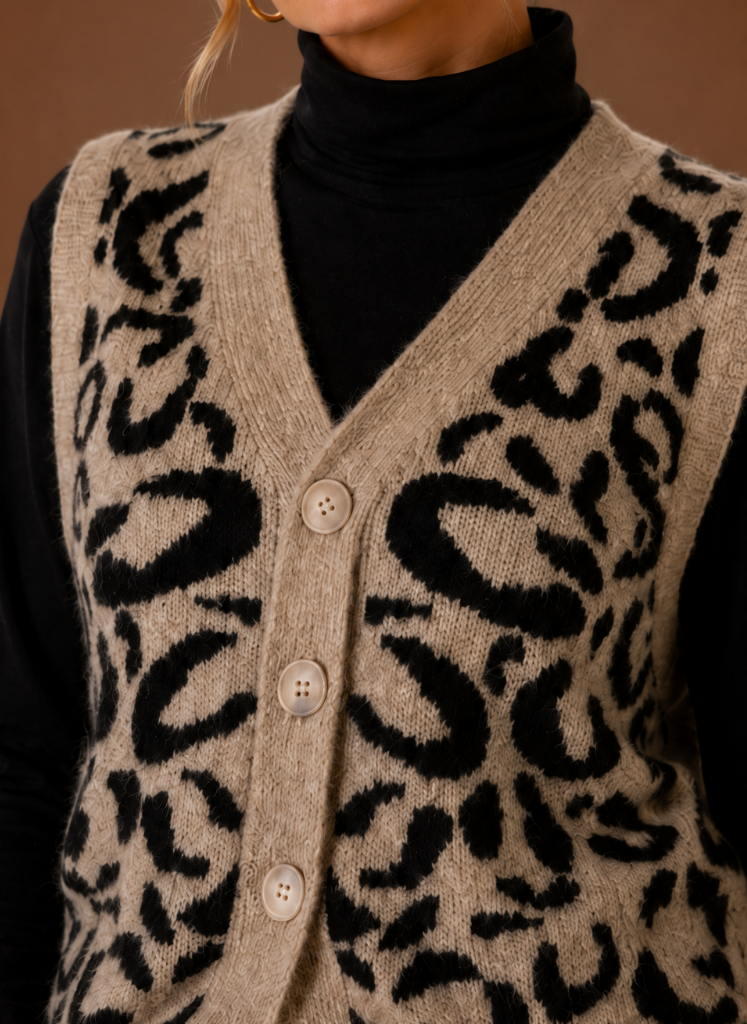 Chaleco de Punto con Estampado de Leopardo para Mujeres - Con Botones en la Parte Frontal | Areleon