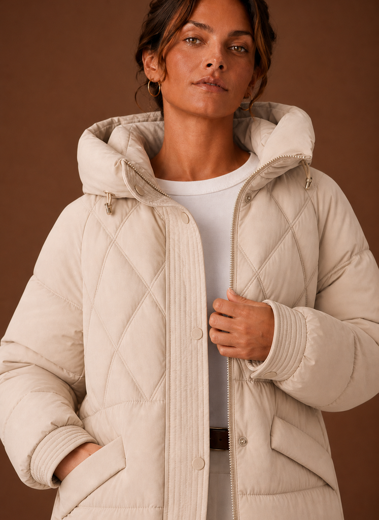 Chaqueta Puffer para Mujer - Con Capucha y Corte Largo con Acolchado en Diamante | Areleon