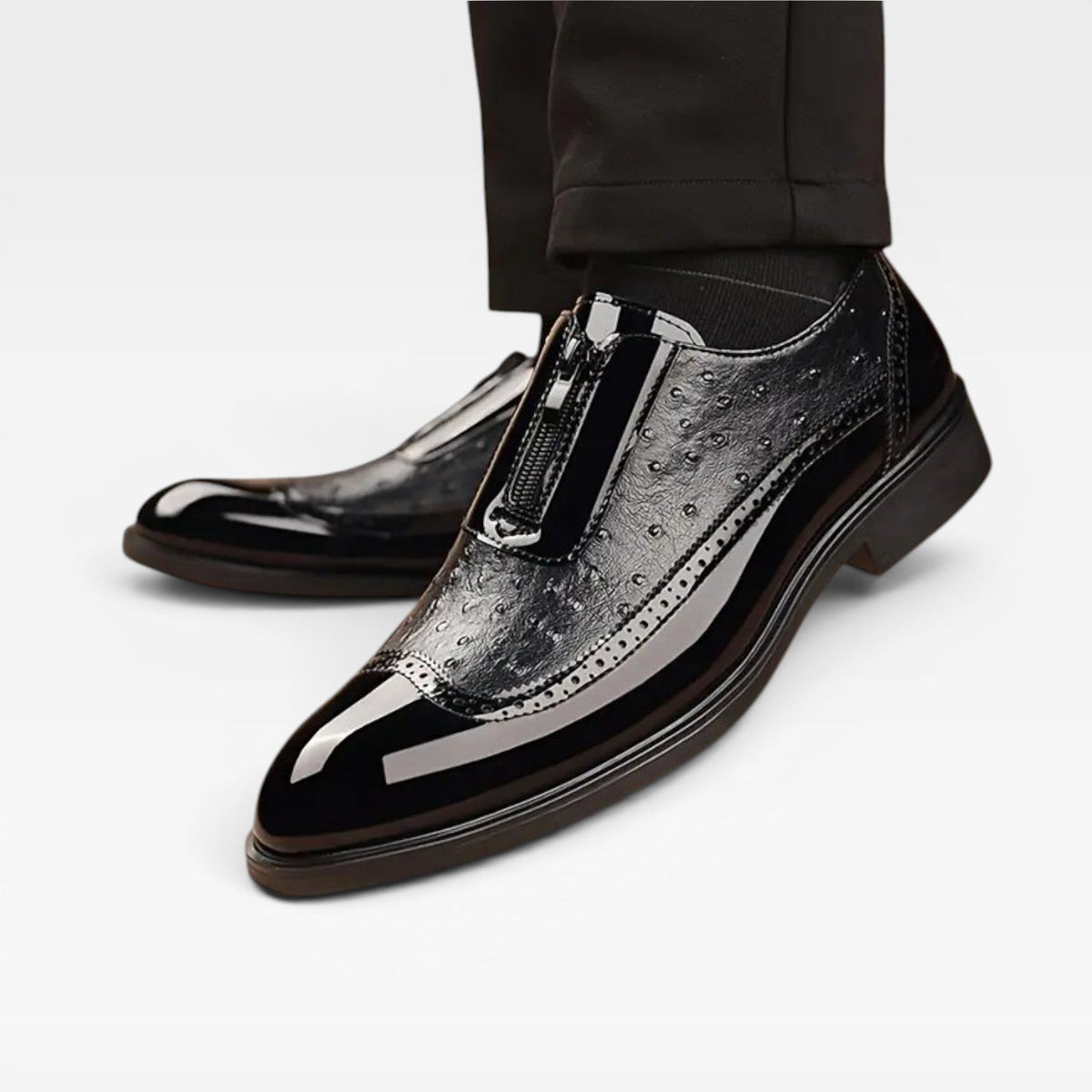 Zapatos Oxford de Piel de Avestruz con Acabado Patente para Hombre – Elegante Estilo Brogue en Dos Tonos