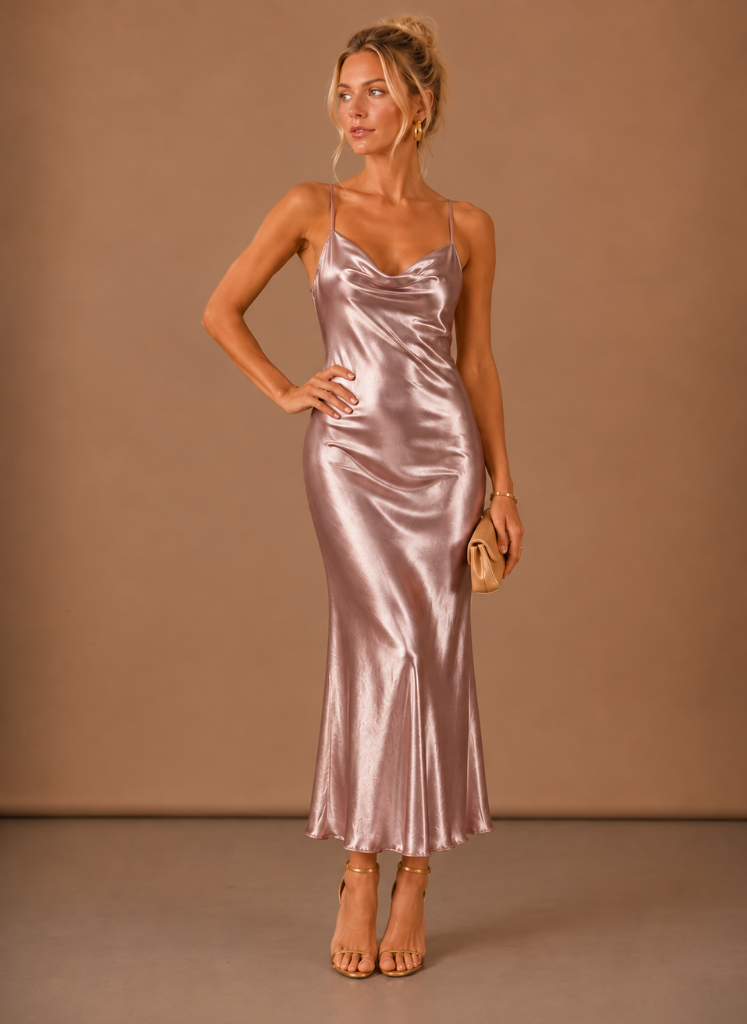 Vestido Midi de Satén con Cuello Caído para Mujeres – Ocasión Elegante de Noche | Areleon