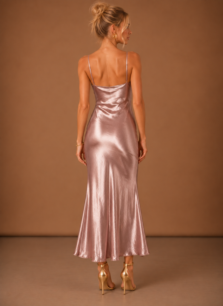 Vestido Midi de Satén con Cuello Caído para Mujeres – Ocasión Elegante de Noche | Areleon