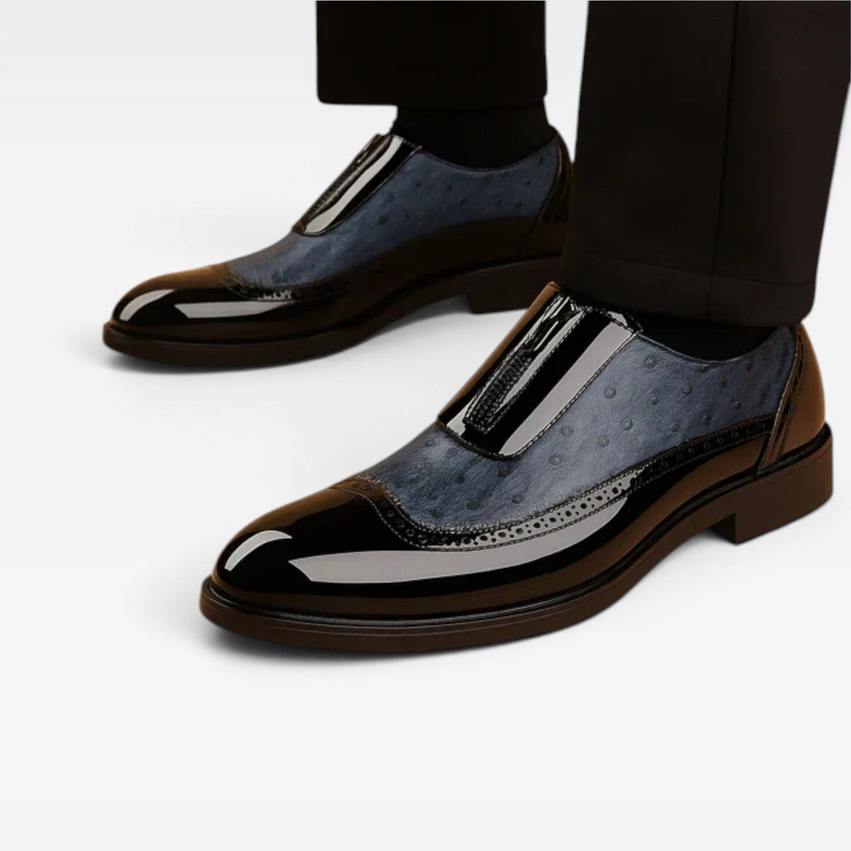 Zapatos Oxford de Piel de Avestruz con Acabado Patente para Hombre – Elegante Estilo Brogue en Dos Tonos