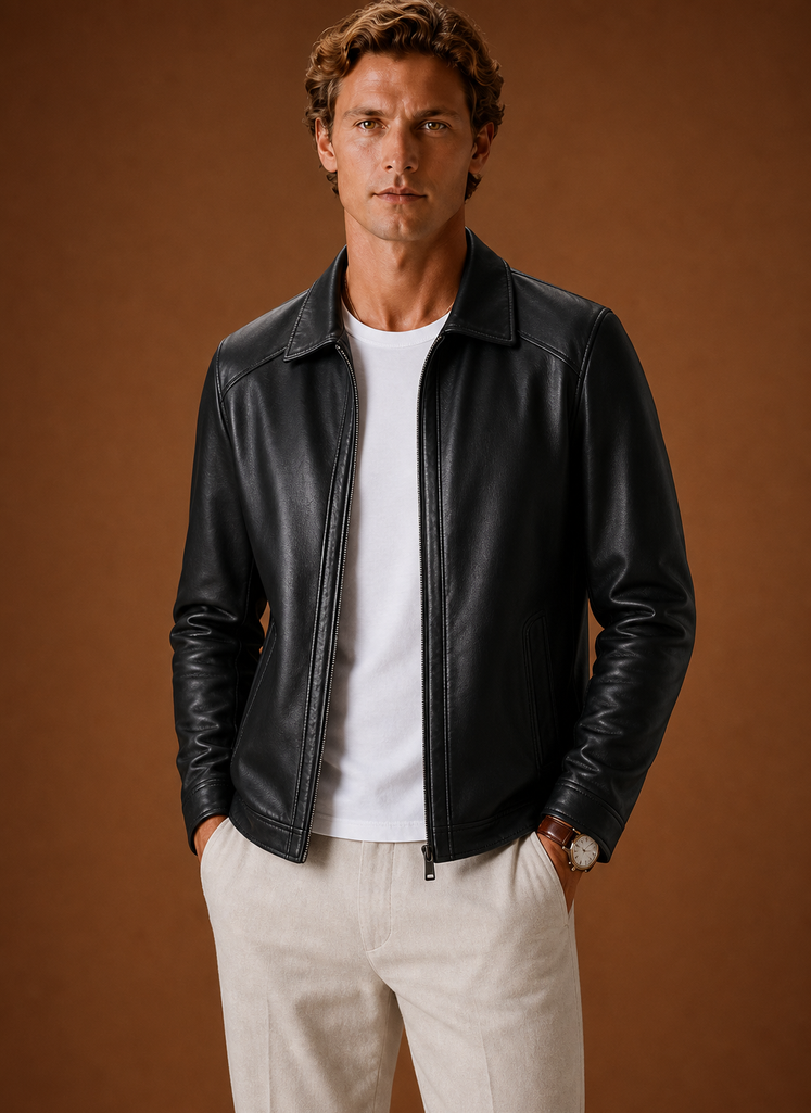 Chaqueta de Cuero para Hombre Look Clásico con Cremallera | Areleon