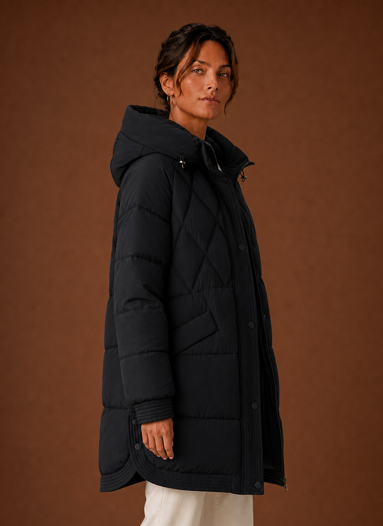Chaqueta Puffer para Mujer - Con Capucha y Corte Largo con Acolchado en Diamante | Areleon