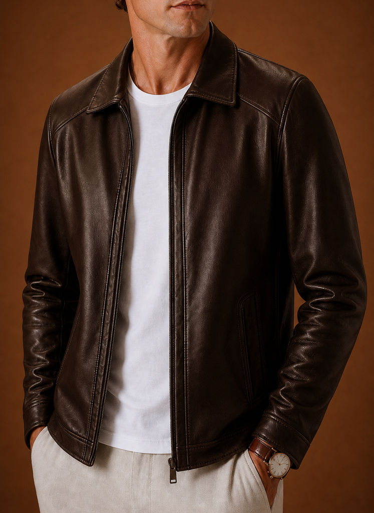 Chaqueta de Cuero para Hombre Look Clásico con Cremallera | Areleon